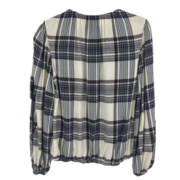 Anthropologie Cloth & Stone XS Glacier Plaid Blouse White Blue Check - Picture 3 of 9